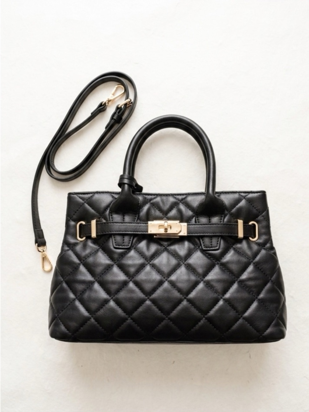 Badgley Mischka Black Quilted Vegan Leather Top-Handle Satchel Crossbody NWT